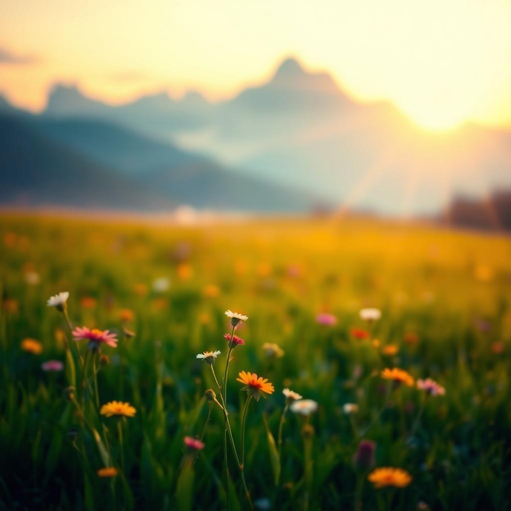 A vibrant, dreamy landscape featuring a lush green meadow during sunrise, with soft pastel colors blending in the sky, and gentle sunlight casting a warm glow over the scene