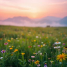 A vibrant, dreamy landscape featuring a lush green meadow during sunrise, with soft pastel colors blending in the sky, and gentle sunlight casting a warm glow over the scene