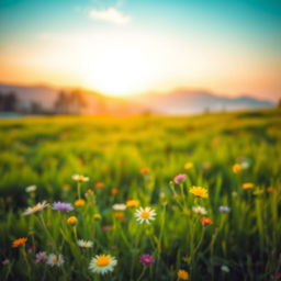 A vibrant, dreamy landscape featuring a lush green meadow during sunrise, with soft pastel colors blending in the sky, and gentle sunlight casting a warm glow over the scene