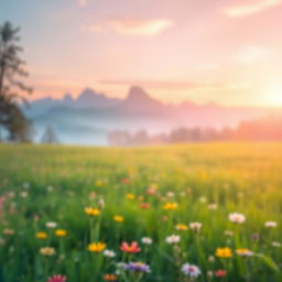 A vibrant, dreamy landscape featuring a lush green meadow during sunrise, with soft pastel colors blending in the sky, and gentle sunlight casting a warm glow over the scene