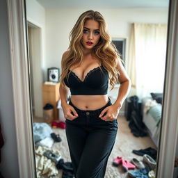 A full-length photographic image showcasing the mirror image of a sexy and curvy 18-year-old girl in her bedroom