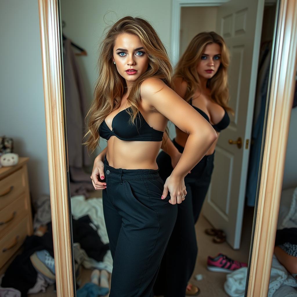 A full-length photographic image showcasing the mirror image of a sexy and curvy 18-year-old girl in her bedroom