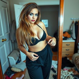 A full-length photographic image showcasing the mirror image of a sexy and curvy 18-year-old girl in her bedroom
