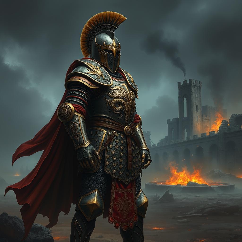 A detailed and ornate depiction of Old Valyrian army armor, showcasing intricate designs and patterns reminiscent of ancient civilizations