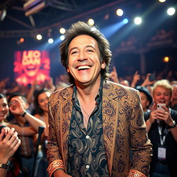 A vibrant and candid photograph of Leo Dan, the famous Argentine singer and songwriter, in a lively setting