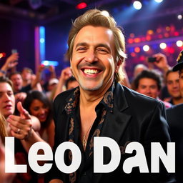 A vibrant and candid photograph of Leo Dan, the famous Argentine singer and songwriter, in a lively setting