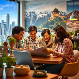 A picturesque scene showcasing a joyful family working together in a vibrant, innovative workspace that balances modernity and tradition