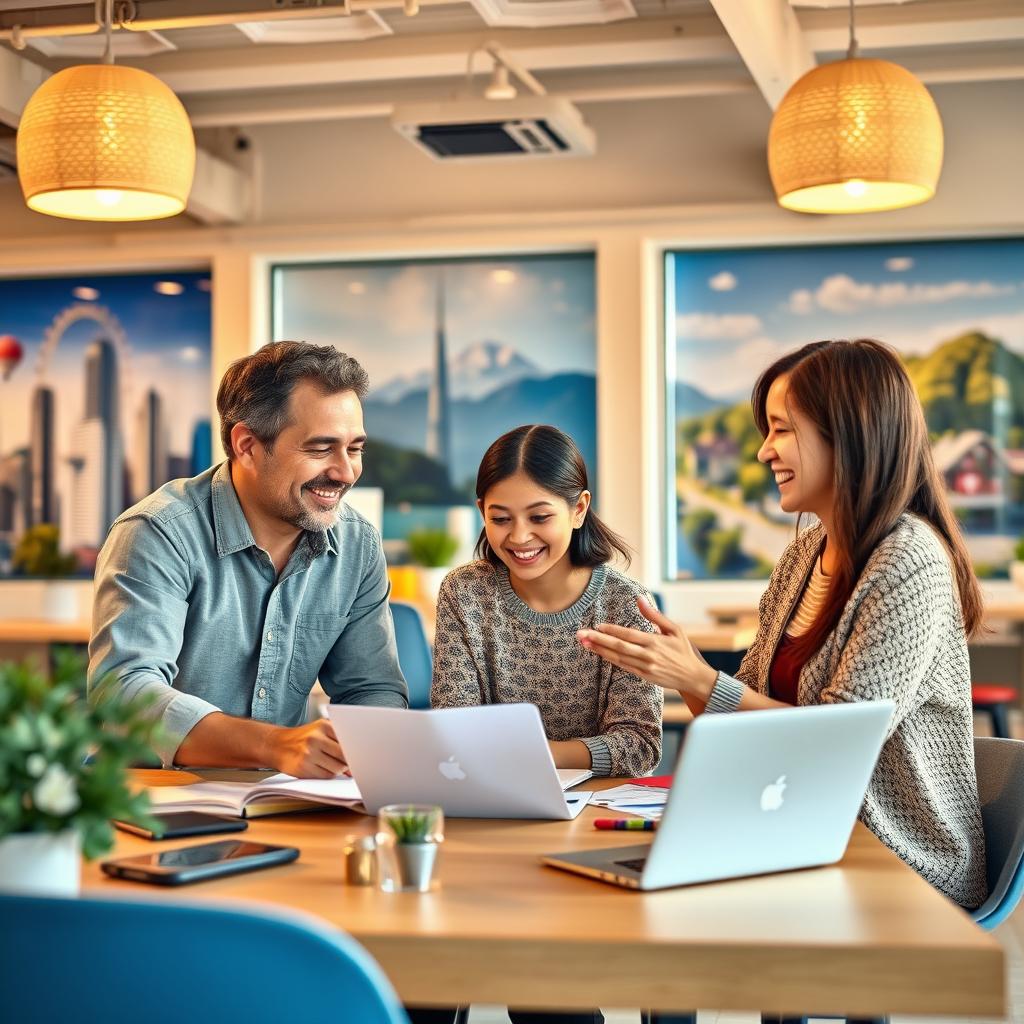 A picturesque scene showcasing a joyful family working together in a vibrant, innovative workspace that balances modernity and tradition