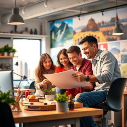 A picturesque scene showcasing a joyful family working together in a vibrant, innovative workspace that balances modernity and tradition