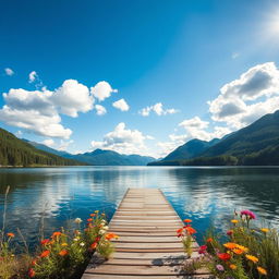 An idyllic landscape featuring a serene lake surrounded by lush green trees and mountains in the background
