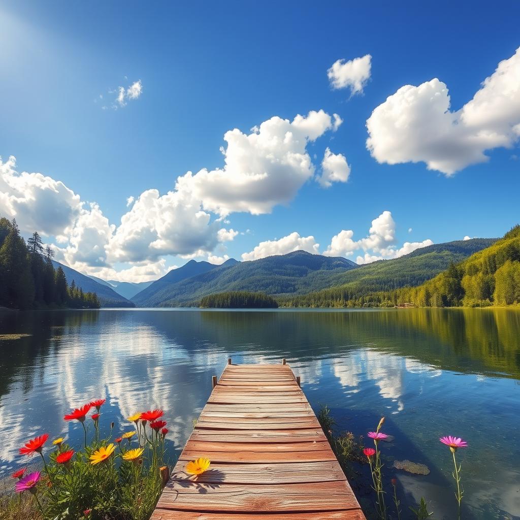 An idyllic landscape featuring a serene lake surrounded by lush green trees and mountains in the background