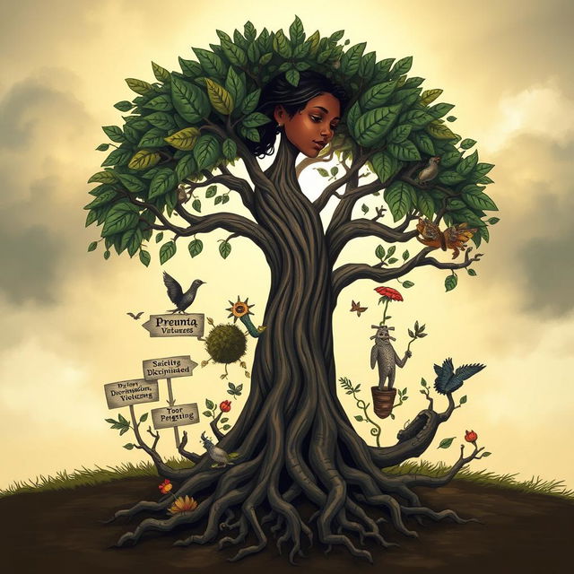 A powerful and emotive illustration of a tree representing a girl who has been a victim of gender-based violence