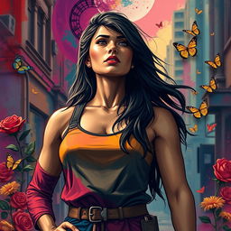 A powerful and emotional depiction of a woman standing strong amidst a backdrop of vibrant colors symbolizing resilience