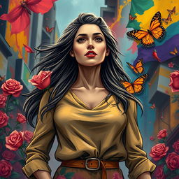 A powerful and emotional depiction of a woman standing strong amidst a backdrop of vibrant colors symbolizing resilience