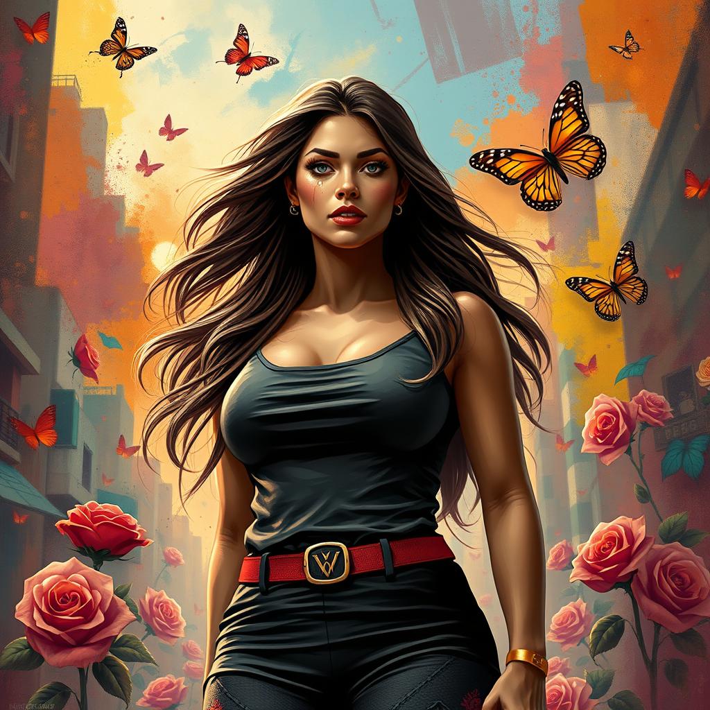 A powerful and emotional depiction of a woman standing strong amidst a backdrop of vibrant colors symbolizing resilience