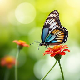 A stunning and realistic photograph of a butterfly perched delicately on a vibrant flower in its natural environment