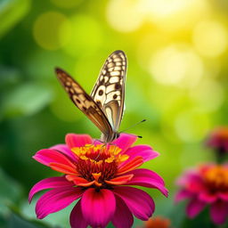 A stunning and realistic photograph of a butterfly perched delicately on a vibrant flower in its natural environment