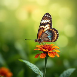 A stunning and realistic photograph of a butterfly perched delicately on a vibrant flower in its natural environment