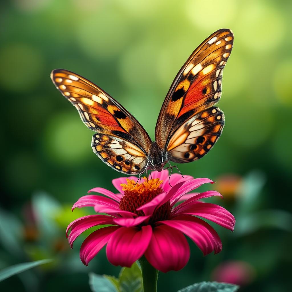 A stunning and realistic photograph of a butterfly perched delicately on a vibrant flower in its natural environment