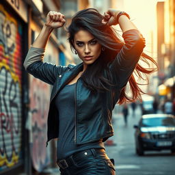 A woman embodying strength and resilience, portrayed in a dynamic pose on a city street