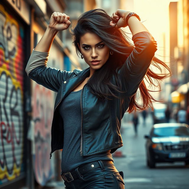 A woman embodying strength and resilience, portrayed in a dynamic pose on a city street