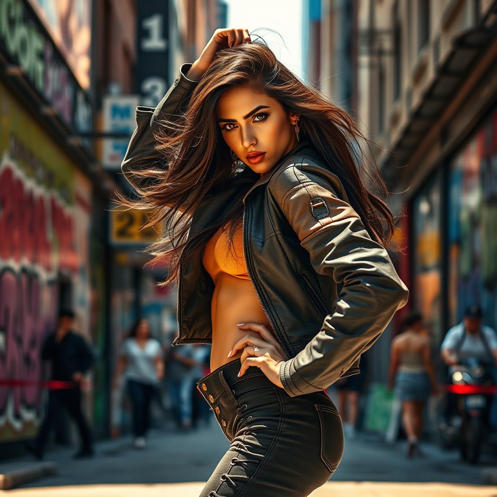 A woman embodying strength and resilience, portrayed in a dynamic pose on a city street