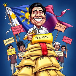 A vibrant caricature illustrating the current political situation in the Philippines, featuring a humorous depiction of a politician standing atop a stack of oversized, overflowing money bags, symbolizing the alleged corruption and wealth accumulation within the government