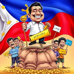 A vibrant caricature illustrating the current political situation in the Philippines, featuring a humorous depiction of a politician standing atop a stack of oversized, overflowing money bags, symbolizing the alleged corruption and wealth accumulation within the government