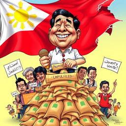 A vibrant caricature illustrating the current political situation in the Philippines, featuring a humorous depiction of a politician standing atop a stack of oversized, overflowing money bags, symbolizing the alleged corruption and wealth accumulation within the government