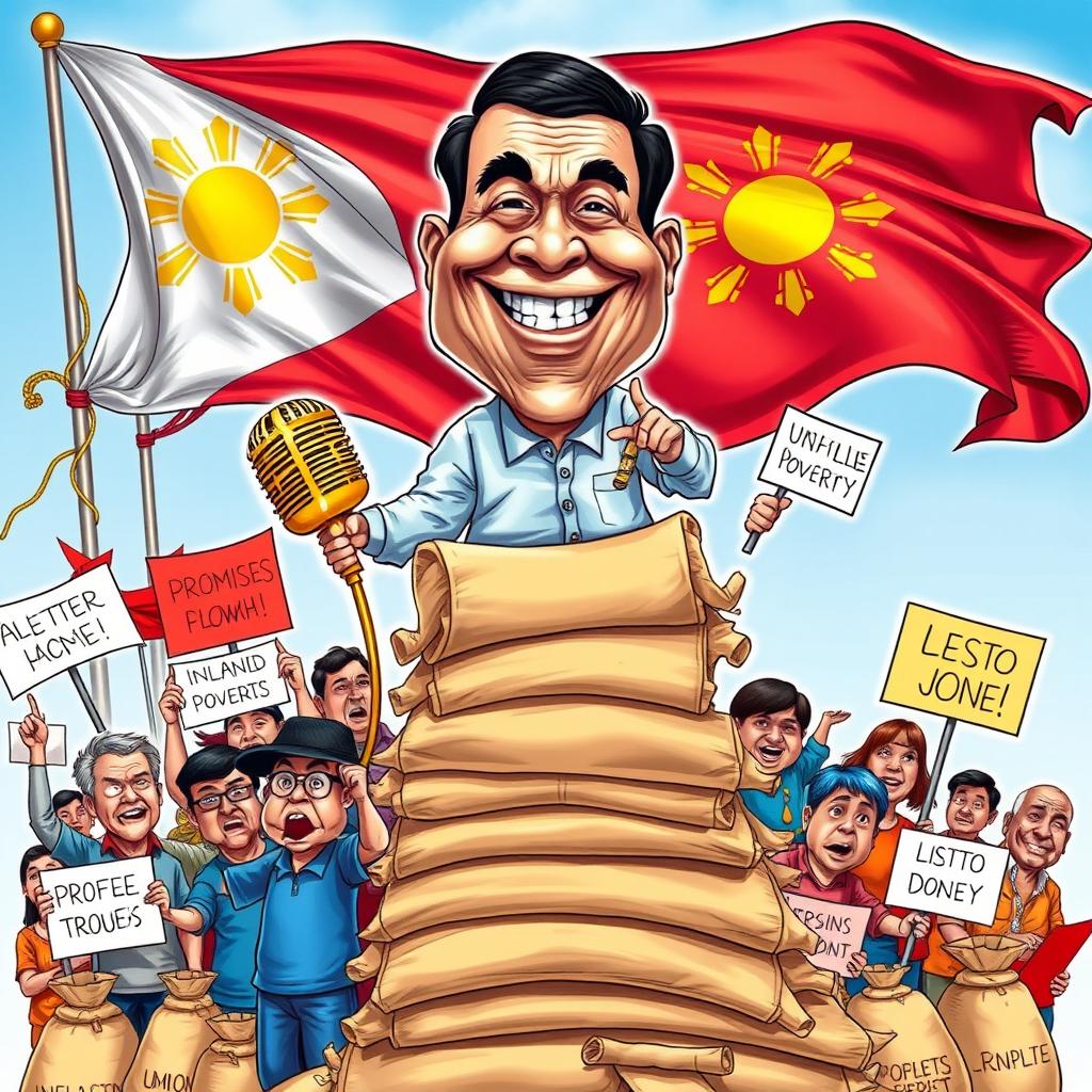 A vibrant caricature illustrating the current political situation in the Philippines, featuring a humorous depiction of a politician standing atop a stack of oversized, overflowing money bags, symbolizing the alleged corruption and wealth accumulation within the government