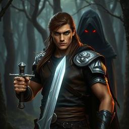 A warrior named Aric stands confidently in a mystical forest, gripping a glowing, silver sword with both hands
