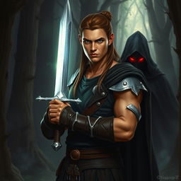 A warrior named Aric stands confidently in a mystical forest, gripping a glowing, silver sword with both hands