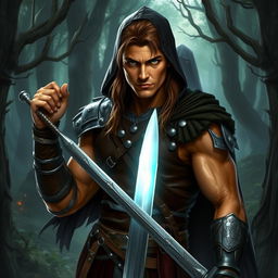 A warrior named Aric stands confidently in a mystical forest, gripping a glowing, silver sword with both hands