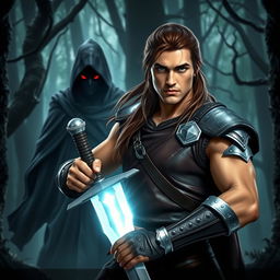 A warrior named Aric stands confidently in a mystical forest, gripping a glowing, silver sword with both hands