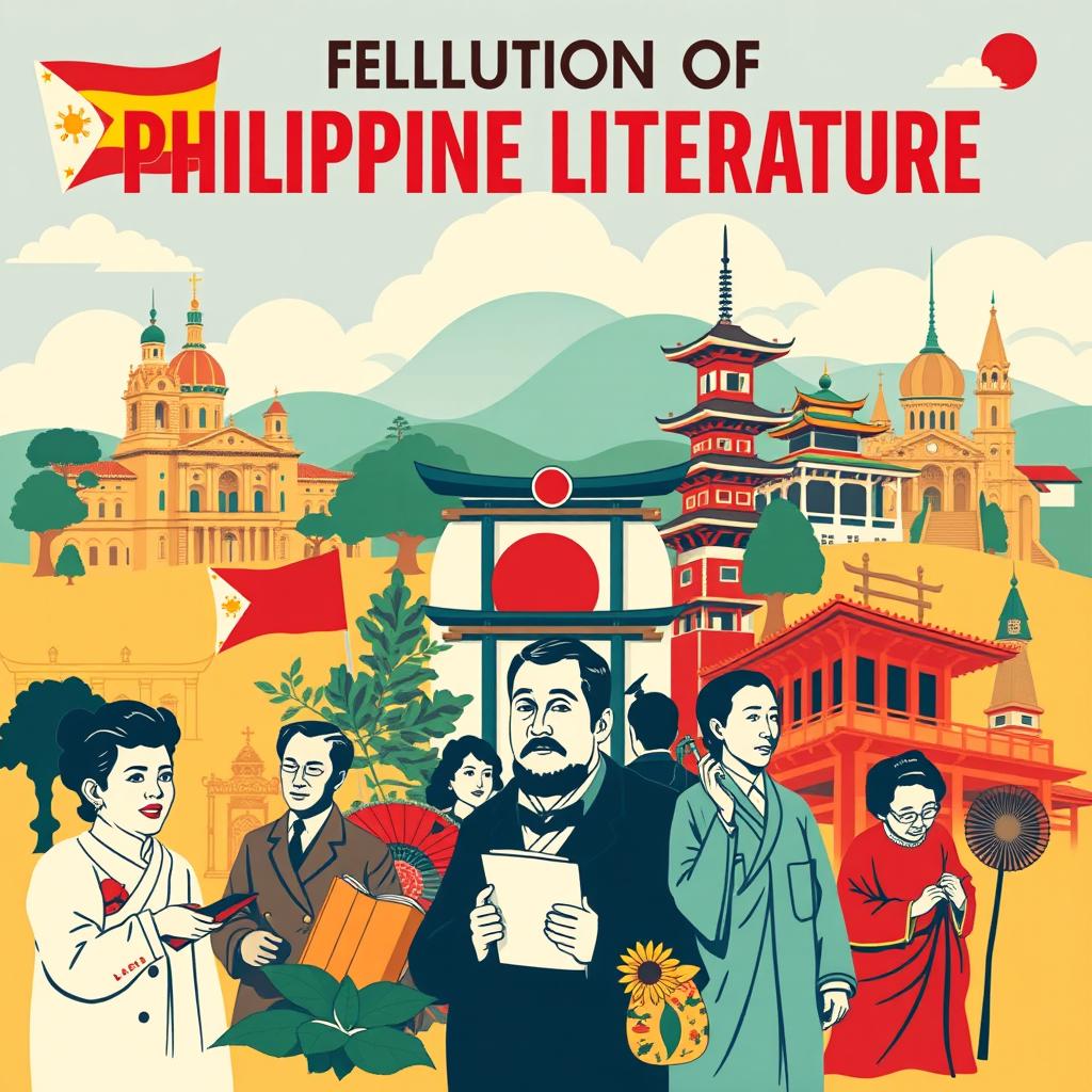 A vibrant poster design showcasing the evolution of Philippine literature across three distinct eras: Spanish, Japanese, and English