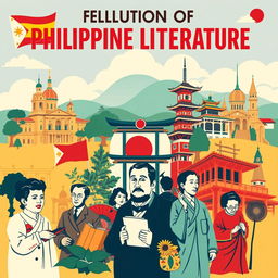 A vibrant poster design showcasing the evolution of Philippine literature across three distinct eras: Spanish, Japanese, and English