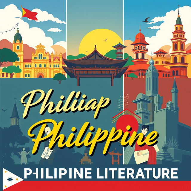 A vibrant poster design showcasing the evolution of Philippine literature across three distinct eras: Spanish, Japanese, and English