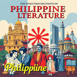 A vibrant poster design showcasing the evolution of Philippine literature across three distinct eras: Spanish, Japanese, and English