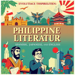 A vibrant poster design showcasing the evolution of Philippine literature across three distinct eras: Spanish, Japanese, and English