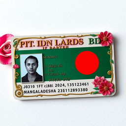 A highly detailed and artistic representation of a fictitious ID card from Bangladesh (BD), showcasing unique designs and features such as the national flag, floral motifs, and a watermark