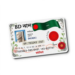 A highly detailed and artistic representation of a fictitious ID card from Bangladesh (BD), showcasing unique designs and features such as the national flag, floral motifs, and a watermark