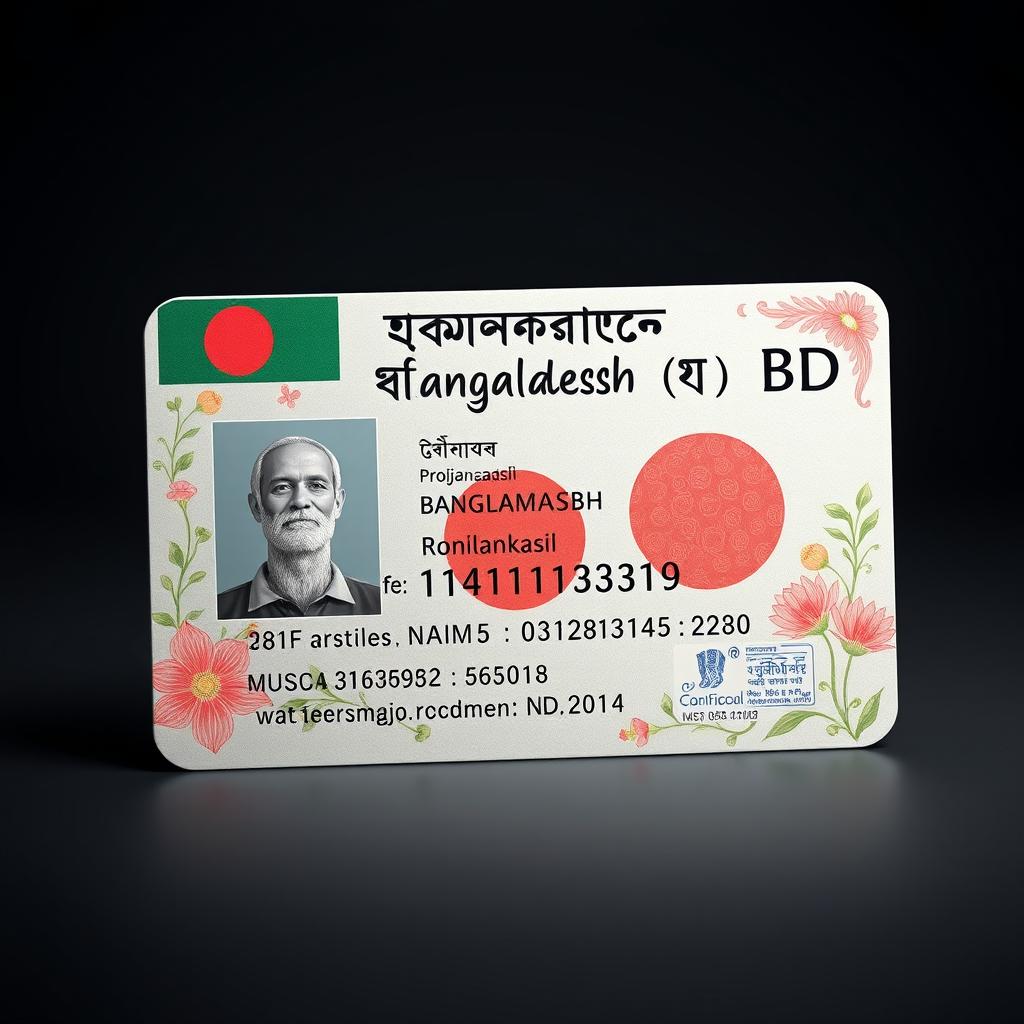 A highly detailed and artistic representation of a fictitious ID card from Bangladesh (BD), showcasing unique designs and features such as the national flag, floral motifs, and a watermark