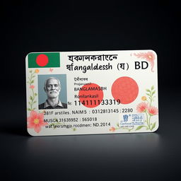 A highly detailed and artistic representation of a fictitious ID card from Bangladesh (BD), showcasing unique designs and features such as the national flag, floral motifs, and a watermark