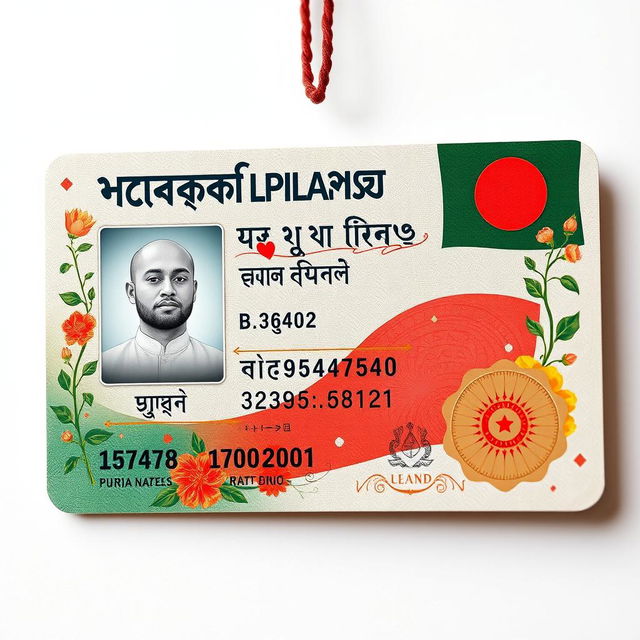 A highly detailed and artistic representation of a fictitious ID card from Bangladesh (BD), showcasing unique designs and features such as the national flag, floral motifs, and a watermark