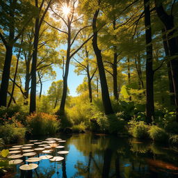 An enchanting forest scene illuminated by soft golden sunlight filtering through the leaves of tall trees