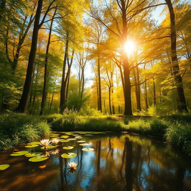 An enchanting forest scene illuminated by soft golden sunlight filtering through the leaves of tall trees