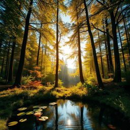 An enchanting forest scene illuminated by soft golden sunlight filtering through the leaves of tall trees