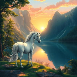 A beautifully detailed illustration of a mystical landscape, featuring a serene lake surrounded by towering mountains with lush greenery
