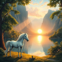 A beautifully detailed illustration of a mystical landscape, featuring a serene lake surrounded by towering mountains with lush greenery