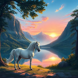 A beautifully detailed illustration of a mystical landscape, featuring a serene lake surrounded by towering mountains with lush greenery